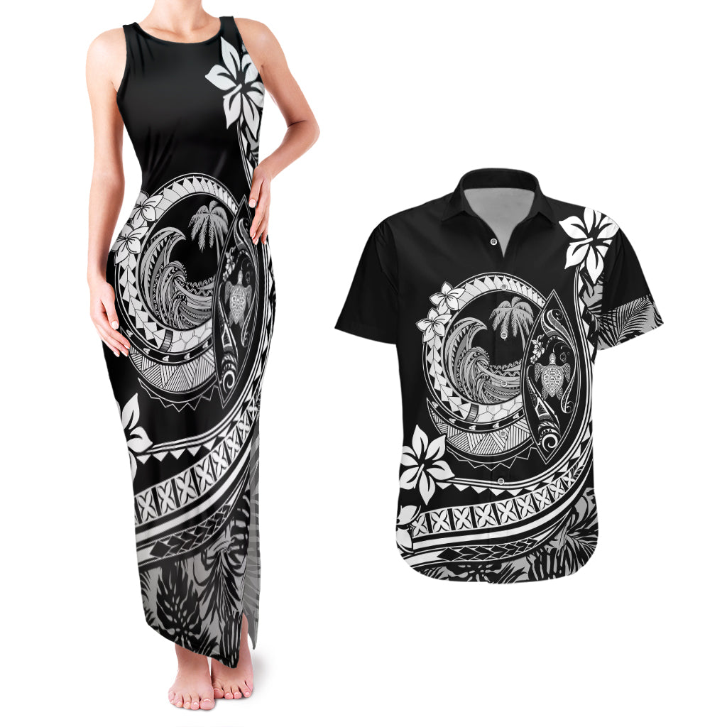 Polynesian Plumeria Couples Matching Tank Maxi Dress And Hawaiian Shirt Ride The Waves - Black LT7 Black - Polynesian Pride