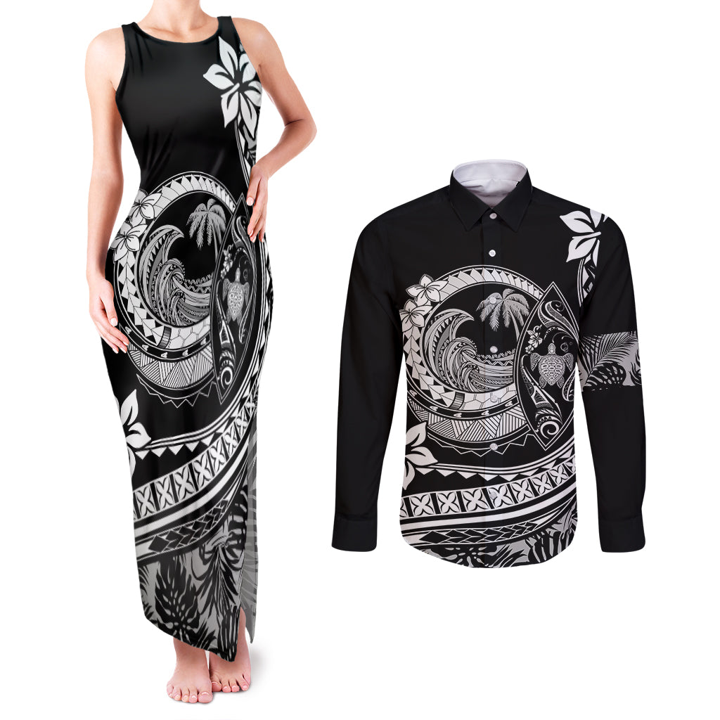 Polynesian Plumeria Couples Matching Tank Maxi Dress and Long Sleeve Button Shirts Ride The Waves - Black LT7 Black - Polynesian Pride