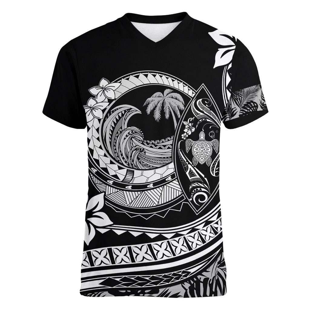 Polynesian Plumeria Women V Neck T Shirt Ride The Waves - Black LT7 Female Black - Polynesian Pride