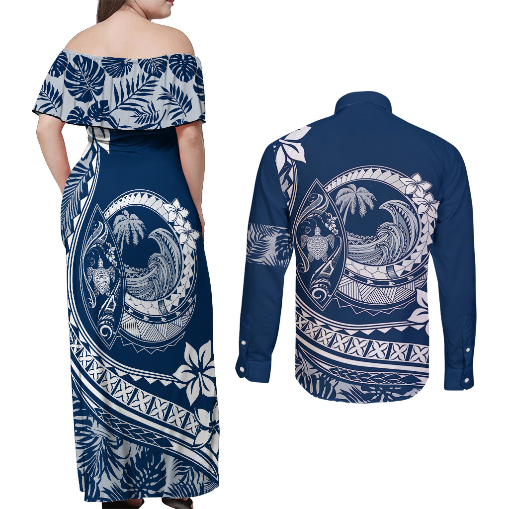 Polynesian Plumeria Couples Matching Off Shoulder Maxi Dress and Long Sleeve Button Shirts Ride The Waves - Navy Blue LT7 - Polynesian Pride
