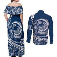 Polynesian Plumeria Couples Matching Off Shoulder Maxi Dress and Long Sleeve Button Shirts Ride The Waves - Navy Blue LT7 - Polynesian Pride
