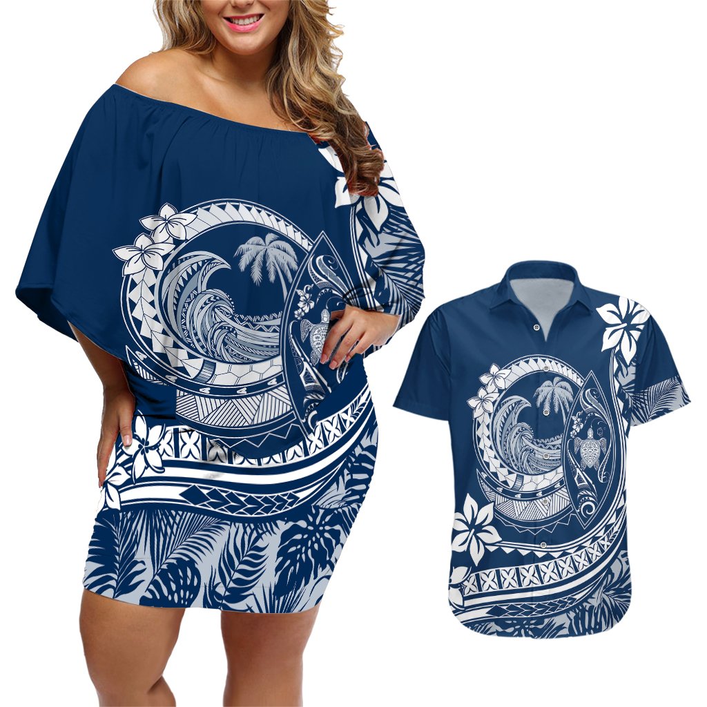 Polynesian Plumeria Couples Matching Off Shoulder Short Dress and Hawaiian Shirt Ride The Waves - Navy Blue LT7 Navy Blue - Polynesian Pride