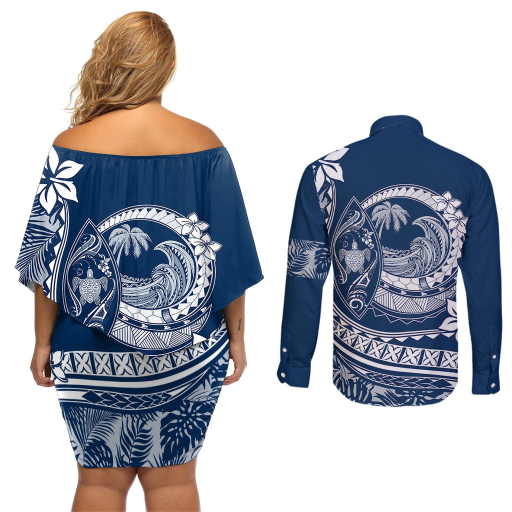 Polynesian Plumeria Couples Matching Off Shoulder Short Dress and Long Sleeve Button Shirts Ride The Waves - Navy Blue LT7 - Polynesian Pride