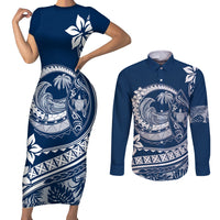 Polynesian Plumeria Couples Matching Short Sleeve Bodycon Dress and Long Sleeve Button Shirts Ride The Waves - Navy Blue LT7 Navy Blue - Polynesian Pride