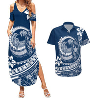 Polynesian Plumeria Couples Matching Summer Maxi Dress and Hawaiian Shirt Ride The Waves - Navy Blue LT7 Navy Blue - Polynesian Pride