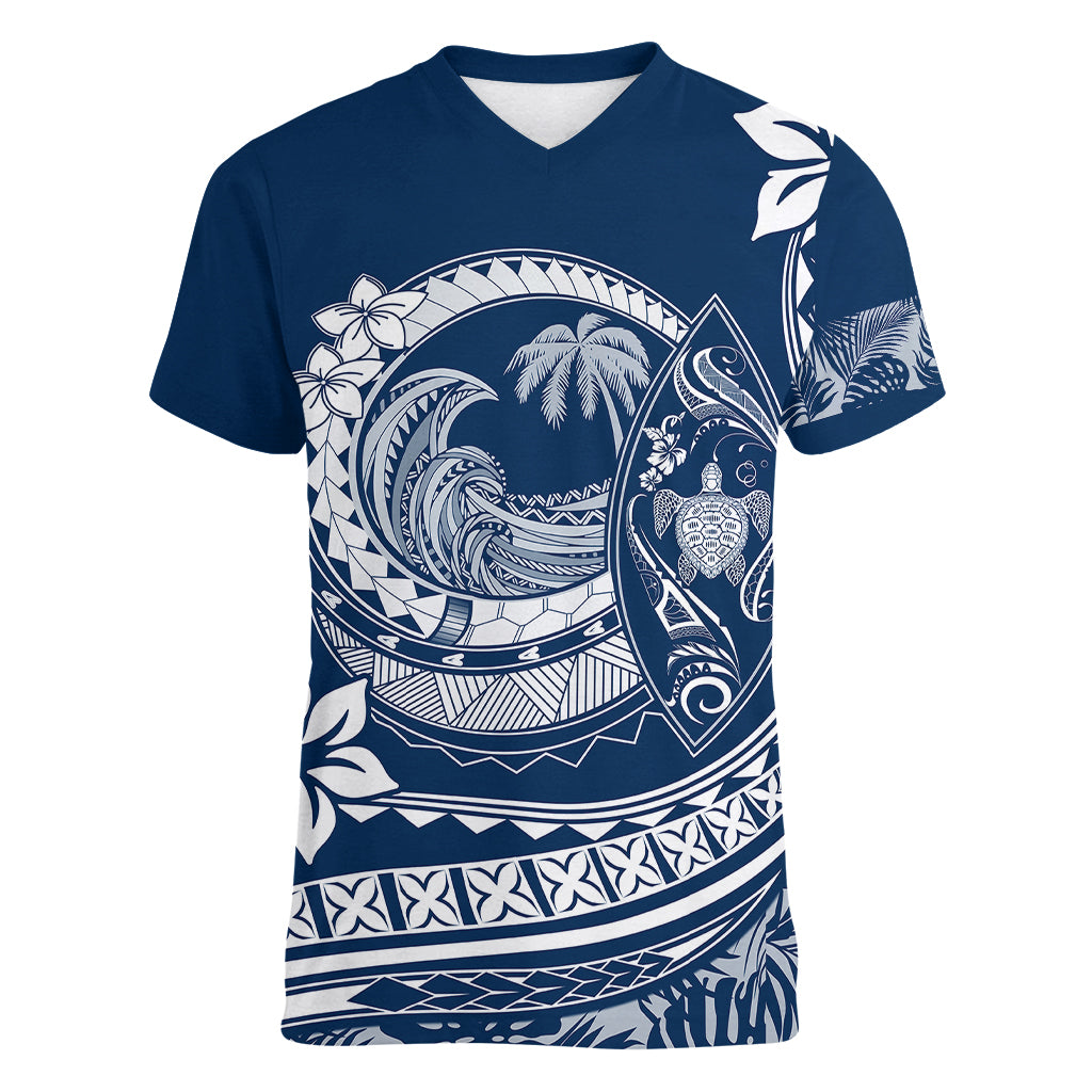 Polynesian Plumeria Women V Neck T Shirt Ride The Waves - Navy Blue LT7 Female Navy Blue - Polynesian Pride