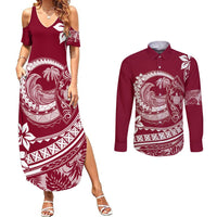 Polynesian Plumeria Couples Matching Summer Maxi Dress and Long Sleeve Button Shirts Ride The Waves - Burgundy LT7 Burgundy - Polynesian Pride