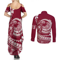 Polynesian Plumeria Couples Matching Summer Maxi Dress and Long Sleeve Button Shirts Ride The Waves - Burgundy LT7 - Polynesian Pride