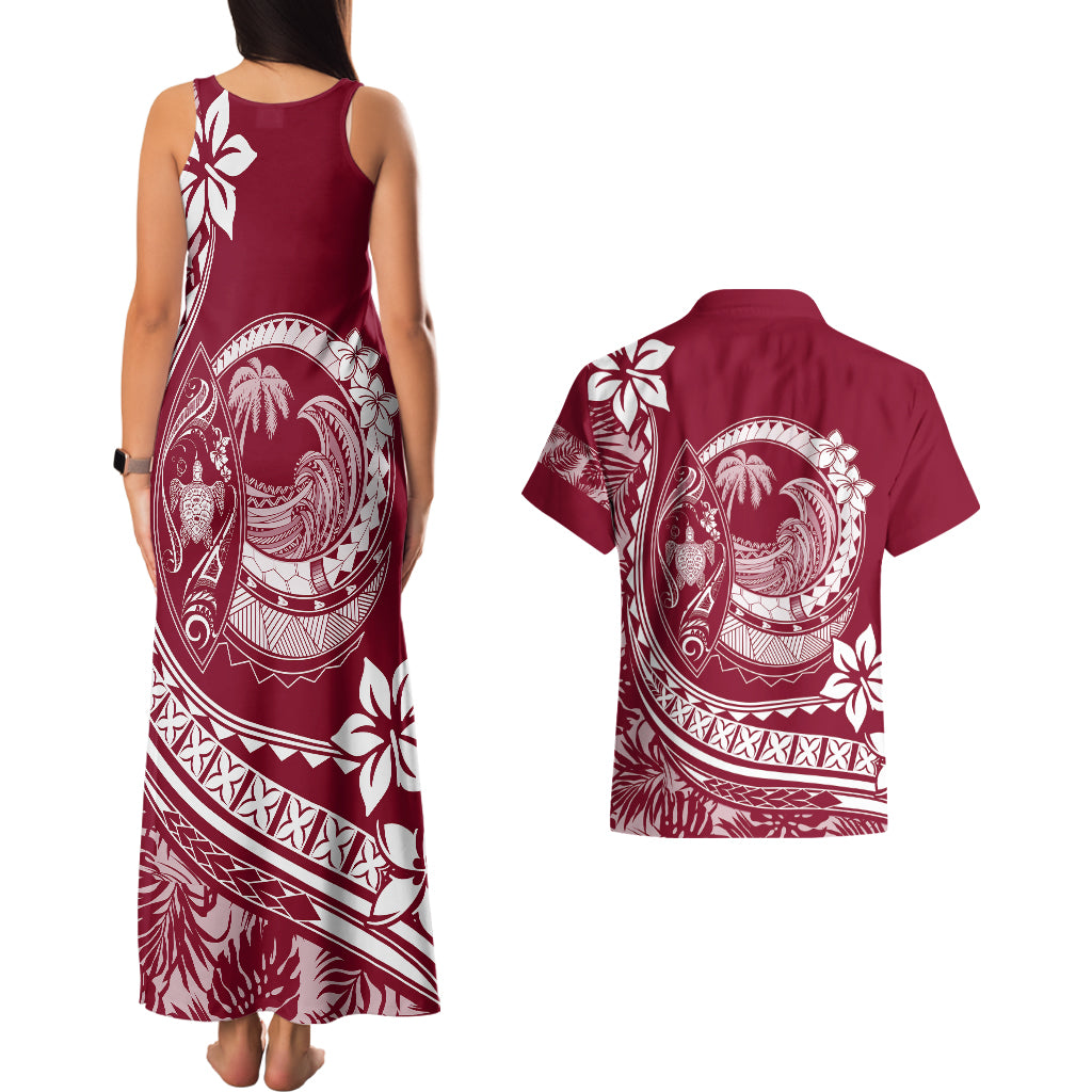 Polynesian Plumeria Couples Matching Tank Maxi Dress And Hawaiian Shirt Ride The Waves - Burgundy LT7 - Polynesian Pride