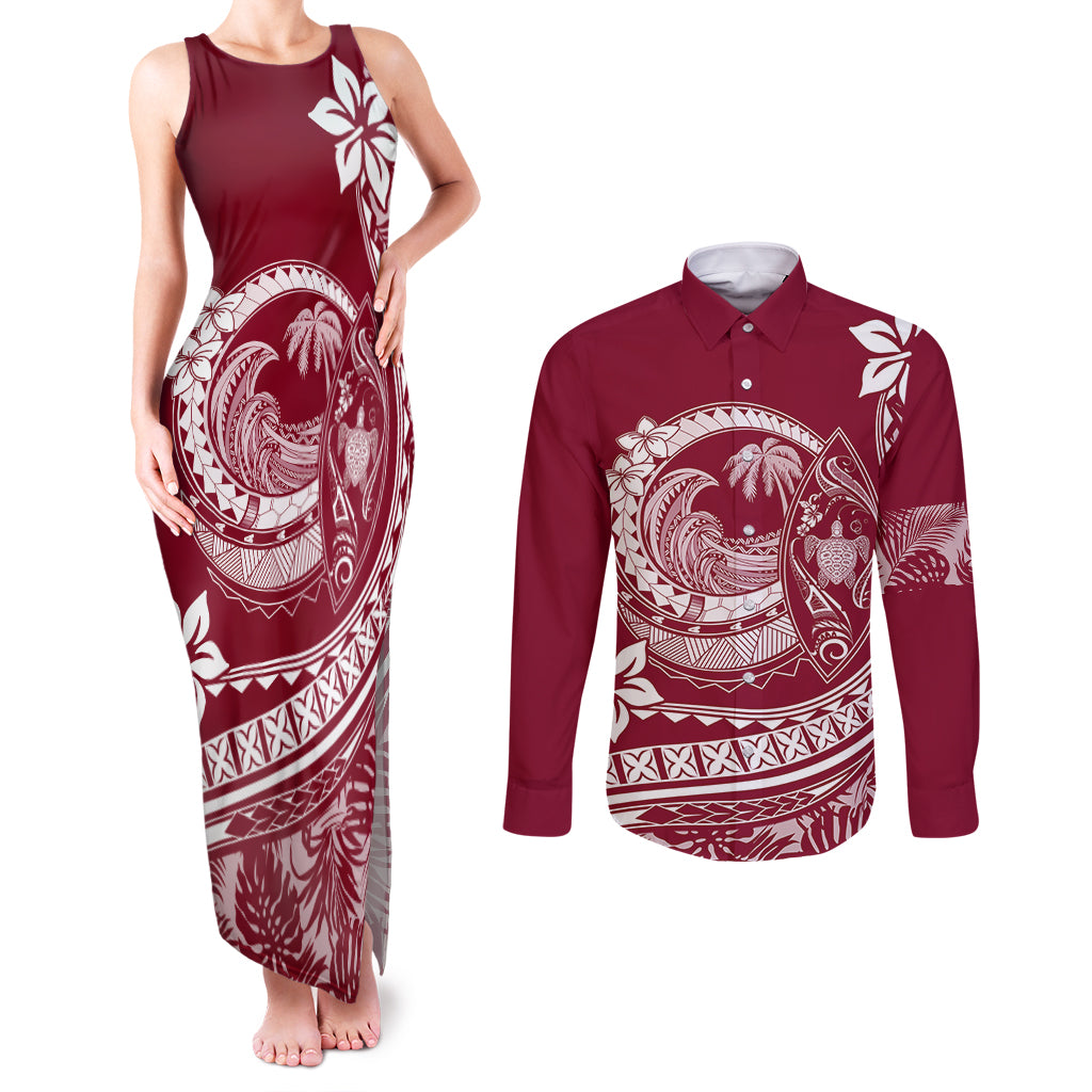 Polynesian Plumeria Couples Matching Tank Maxi Dress and Long Sleeve Button Shirts Ride The Waves - Burgundy LT7 Burgundy - Polynesian Pride