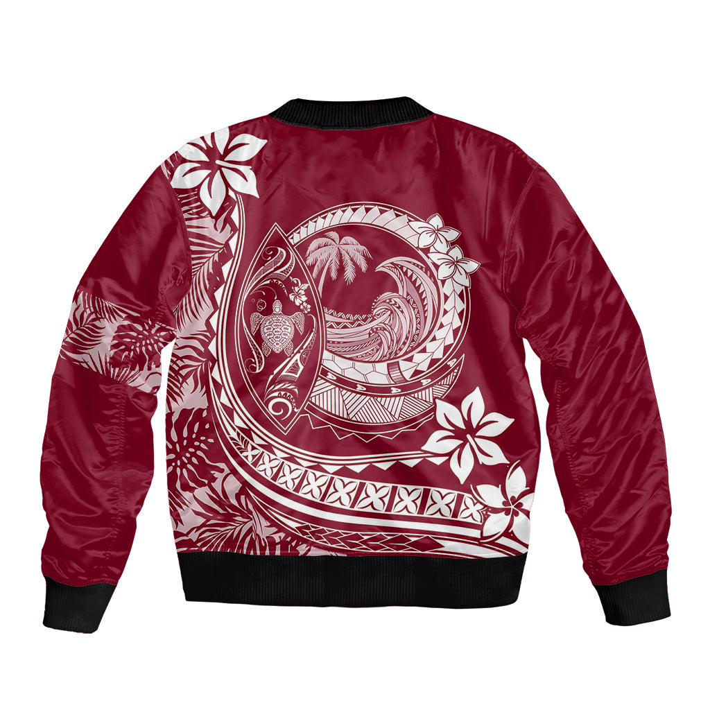 Polynesian Plumeria Sleeve Zip Bomber Jacket Ride The Waves - Burgundy LT7 - Polynesian Pride