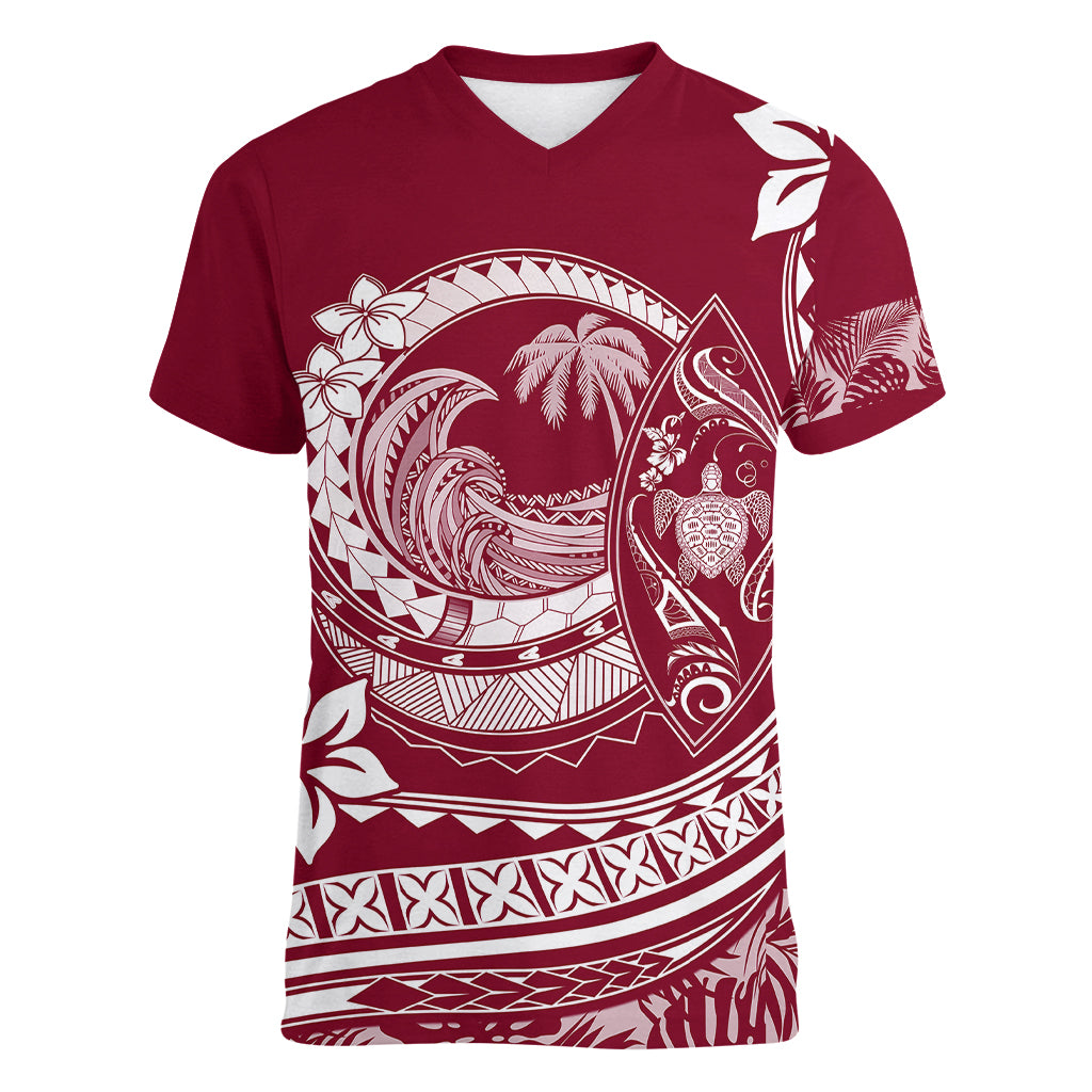 Polynesian Plumeria Women V Neck T Shirt Ride The Waves - Burgundy LT7 Female Burgundy - Polynesian Pride