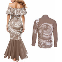 Polynesian Plumeria Couples Matching Mermaid Dress and Long Sleeve Button Shirts Ride The Waves - Beige LT7 - Polynesian Pride