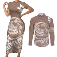 Polynesian Plumeria Couples Matching Short Sleeve Bodycon Dress and Long Sleeve Button Shirts Ride The Waves - Beige LT7 Beige - Polynesian Pride