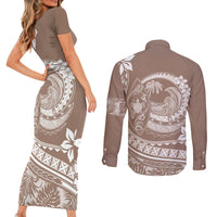 Polynesian Plumeria Couples Matching Short Sleeve Bodycon Dress and Long Sleeve Button Shirts Ride The Waves - Beige LT7 - Polynesian Pride