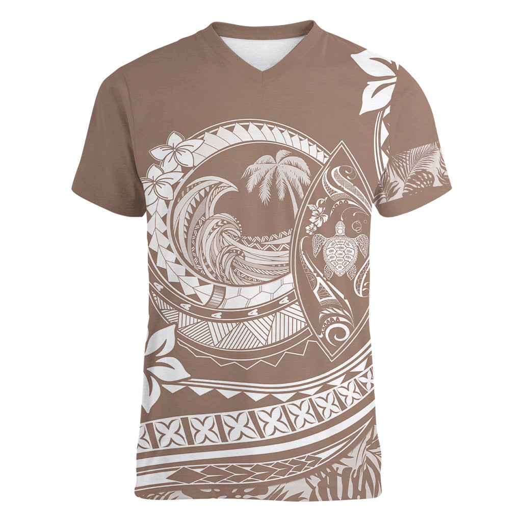 Polynesian Plumeria Women V Neck T Shirt Ride The Waves - Beige LT7 Female Beige - Polynesian Pride