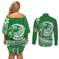 Polynesian Plumeria Couples Matching Off Shoulder Short Dress and Long Sleeve Button Shirts Ride The Waves - Green LT7 - Polynesian Pride