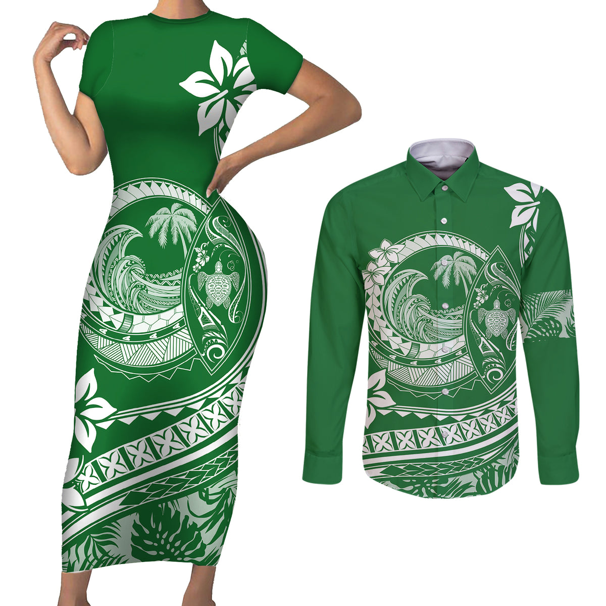 Polynesian Plumeria Couples Matching Short Sleeve Bodycon Dress and Long Sleeve Button Shirts Ride The Waves - Green LT7 Green - Polynesian Pride