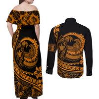 Polynesian Plumeria Couples Matching Off Shoulder Maxi Dress and Long Sleeve Button Shirts Ride The Waves - Orange LT7 - Polynesian Pride