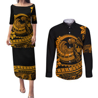 Polynesian Plumeria Couples Matching Puletasi Dress and Long Sleeve Button Shirts Ride The Waves - Orange LT7 Orange - Polynesian Pride