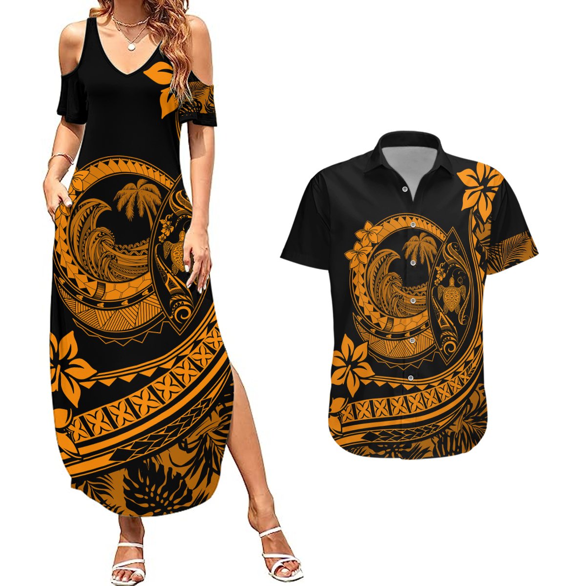 Polynesian Plumeria Couples Matching Summer Maxi Dress and Hawaiian Shirt Ride The Waves - Orange LT7 Orange - Polynesian Pride