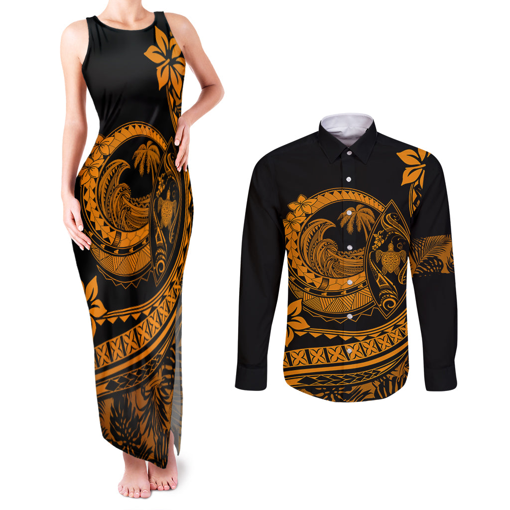 Polynesian Plumeria Couples Matching Tank Maxi Dress and Long Sleeve Button Shirts Ride The Waves - Orange LT7 Orange - Polynesian Pride