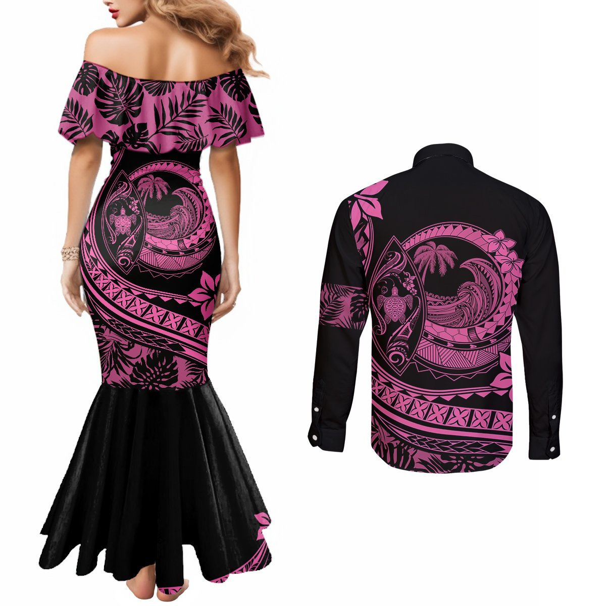 Polynesian Plumeria Couples Matching Mermaid Dress and Long Sleeve Button Shirts Ride The Waves - Pink LT7 - Polynesian Pride