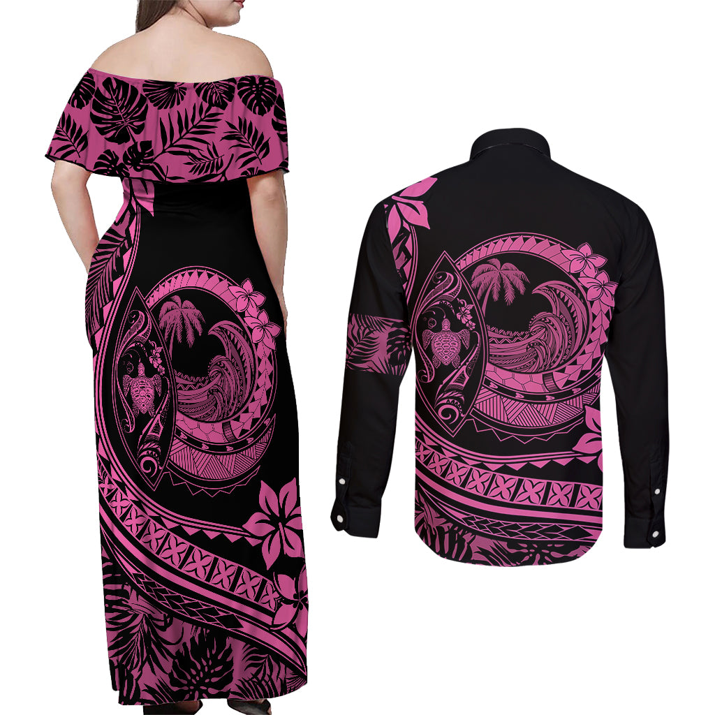 Polynesian Plumeria Couples Matching Off Shoulder Maxi Dress and Long Sleeve Button Shirts Ride The Waves - Pink LT7 - Polynesian Pride