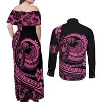 Polynesian Plumeria Couples Matching Off Shoulder Maxi Dress and Long Sleeve Button Shirts Ride The Waves - Pink LT7 - Polynesian Pride
