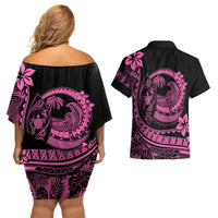 Polynesian Plumeria Couples Matching Off Shoulder Short Dress and Hawaiian Shirt Ride The Waves - Pink LT7 - Polynesian Pride