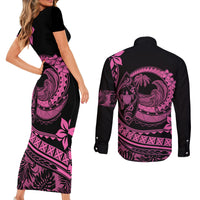 Polynesian Plumeria Couples Matching Short Sleeve Bodycon Dress and Long Sleeve Button Shirts Ride The Waves - Pink LT7 - Polynesian Pride