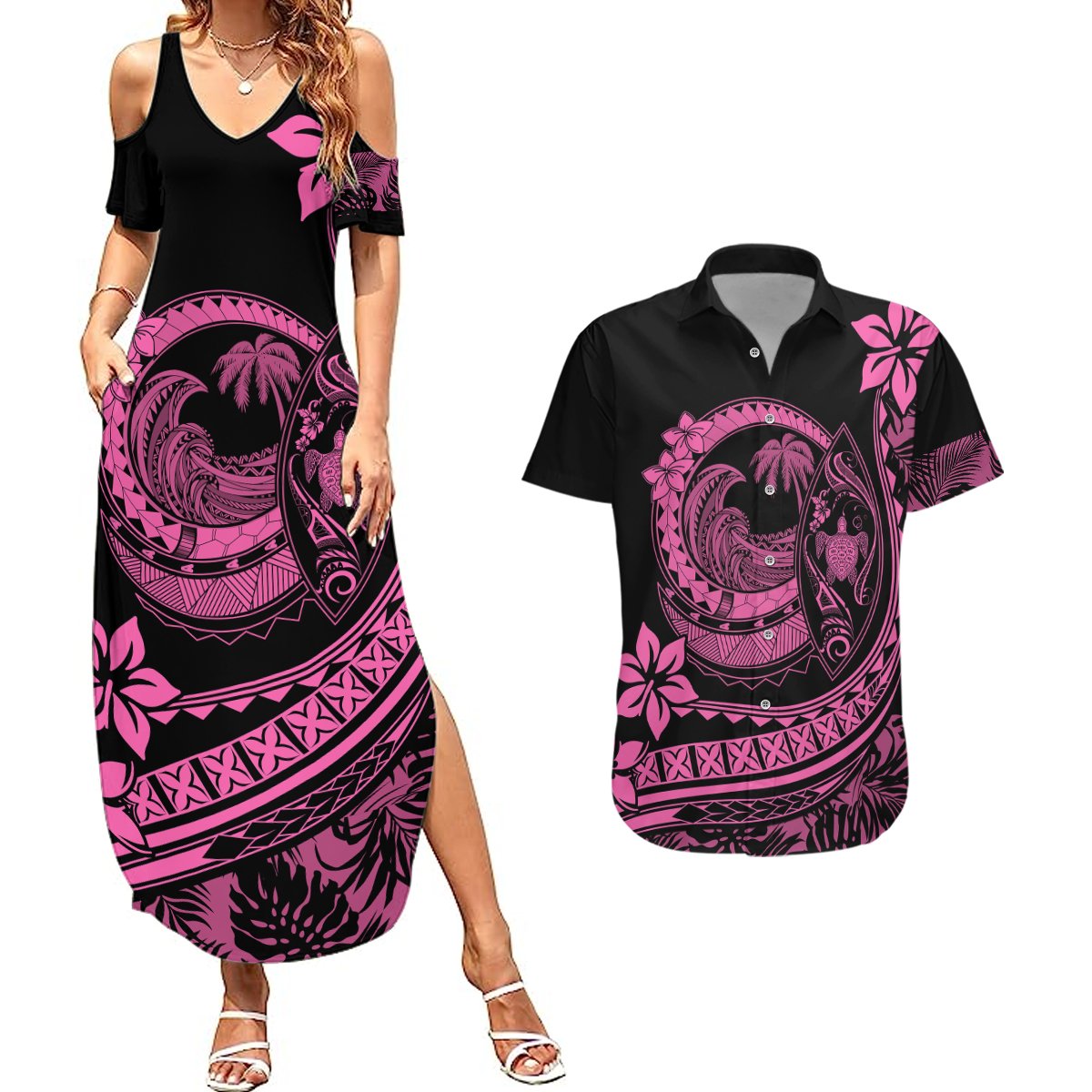 Polynesian Plumeria Couples Matching Summer Maxi Dress and Hawaiian Shirt Ride The Waves - Pink LT7 Pink - Polynesian Pride