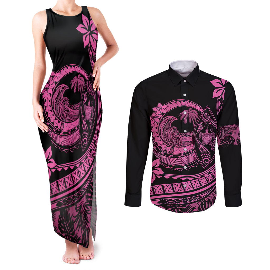 Polynesian Plumeria Couples Matching Tank Maxi Dress and Long Sleeve Button Shirts Ride The Waves - Pink LT7 Pink - Polynesian Pride