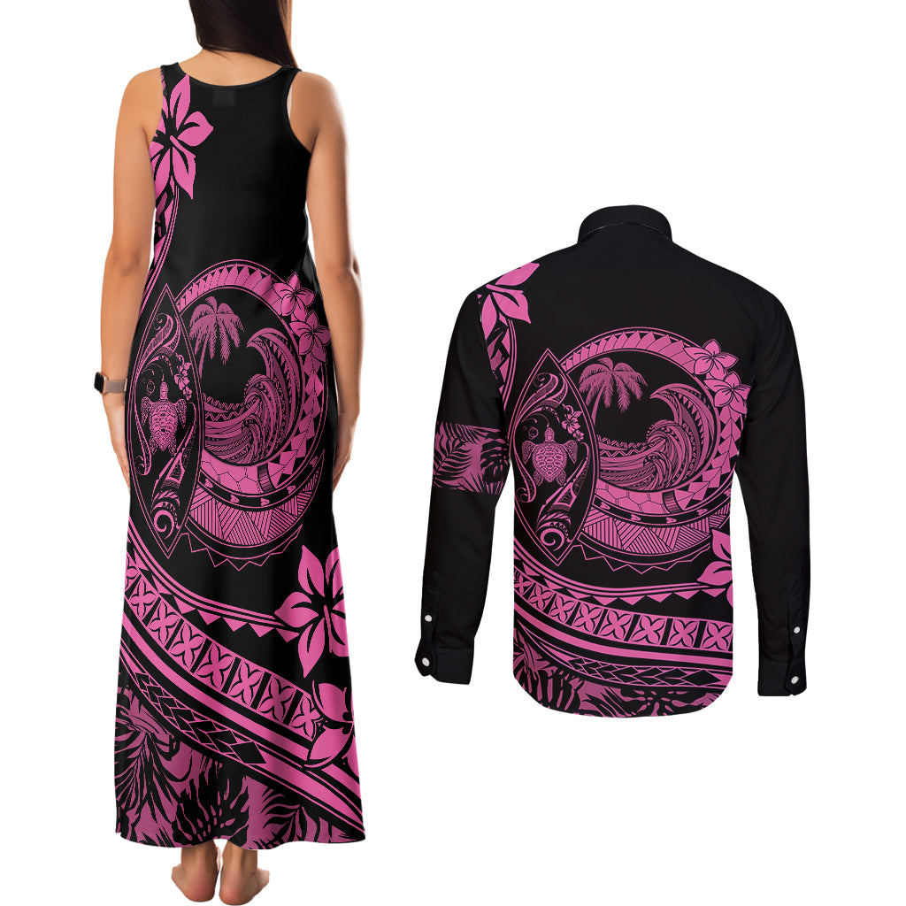 Polynesian Plumeria Couples Matching Tank Maxi Dress and Long Sleeve Button Shirts Ride The Waves - Pink LT7 - Polynesian Pride
