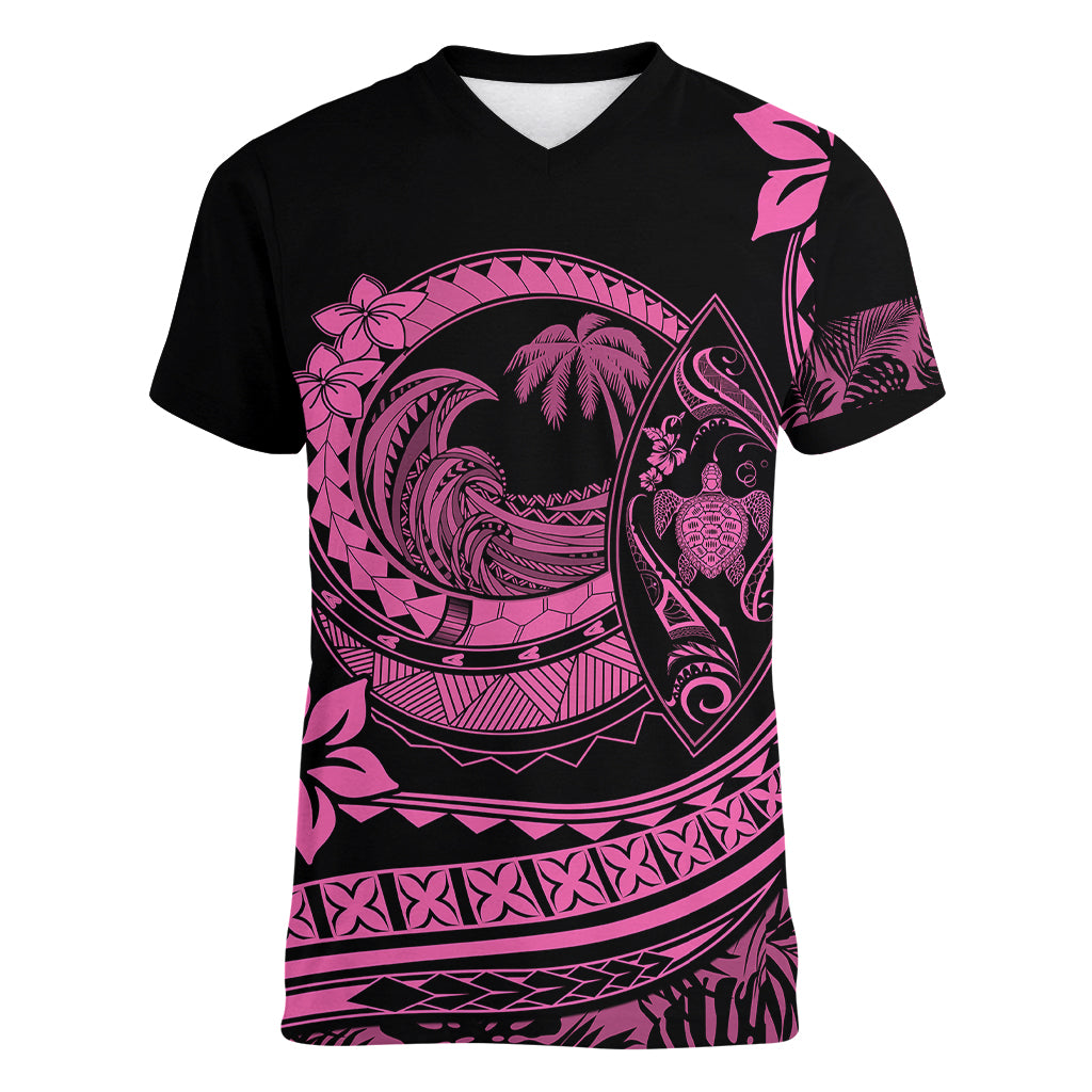 Polynesian Plumeria Women V Neck T Shirt Ride The Waves - Pink LT7 Female Pink - Polynesian Pride