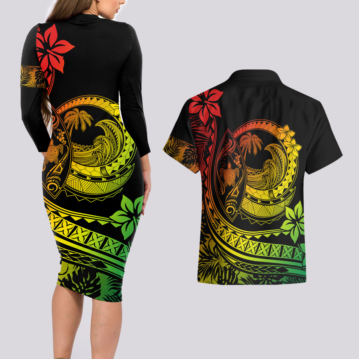 Polynesian Plumeria Couples Matching Long Sleeve Bodycon Dress and Hawaiian Shirt Ride The Waves - Reggae LT7 - Polynesian Pride