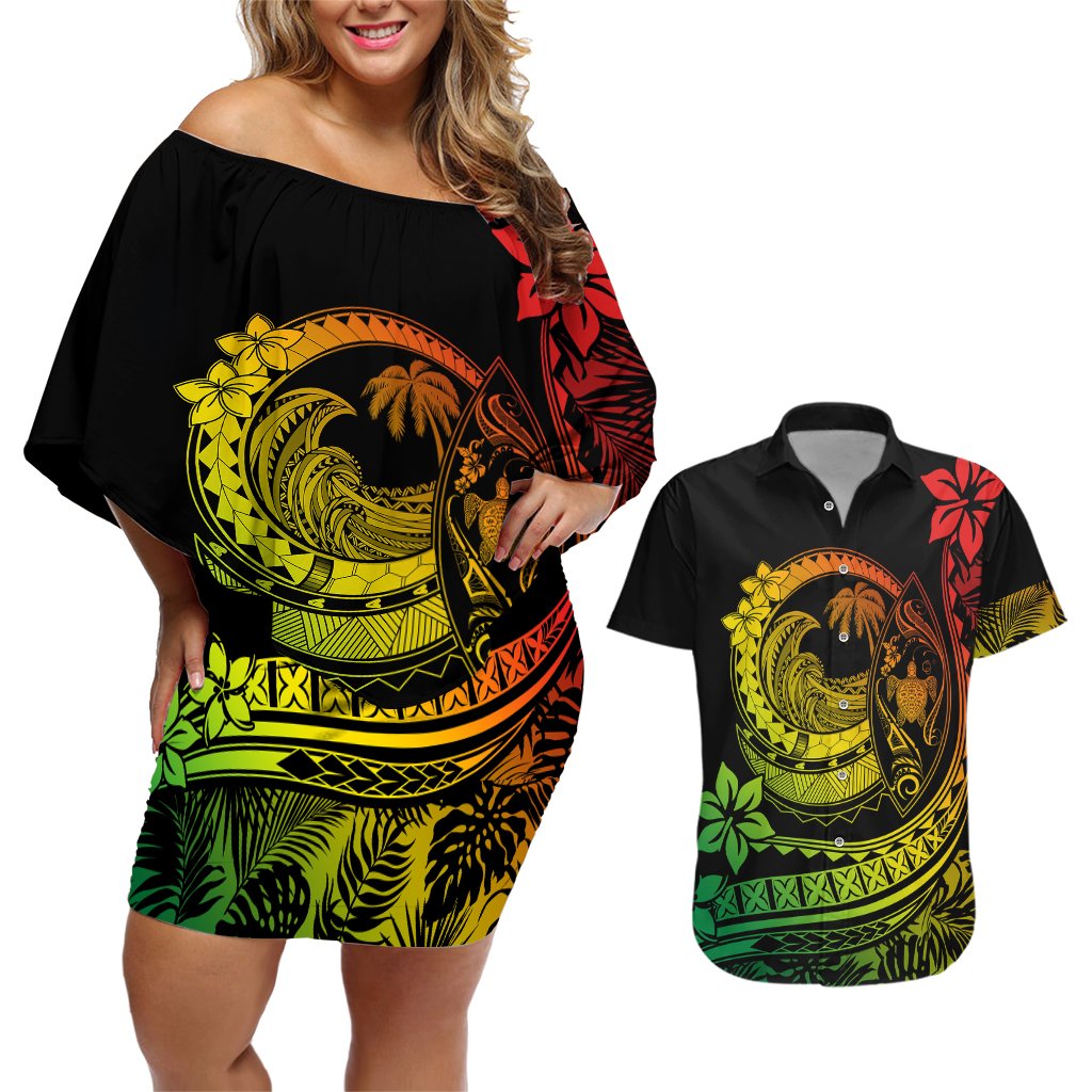 Polynesian Plumeria Couples Matching Off Shoulder Short Dress and Hawaiian Shirt Ride The Waves - Reggae LT7 Reggae - Polynesian Pride
