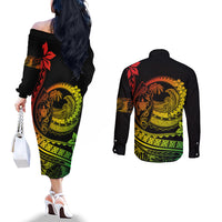 Polynesian Plumeria Couples Matching Off The Shoulder Long Sleeve Dress and Long Sleeve Button Shirts Ride The Waves - Reggae LT7 - Polynesian Pride