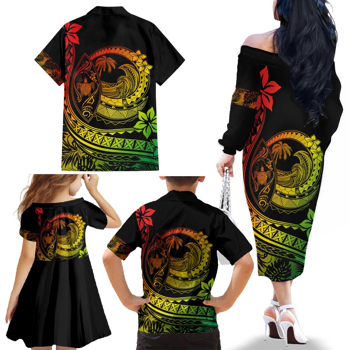 Hawaii Family Matching Outfits Polynesian Plumeria Off Shoulder Long Sleeve Dress And Shirt Family Set Clothes Ride The Waves - Reggae LT7 - Polynesian Pride