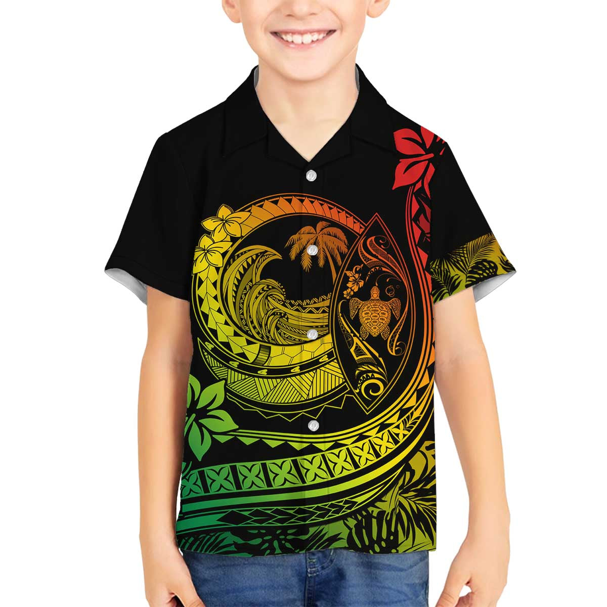 Hawaii Family Matching Outfits Polynesian Plumeria Off Shoulder Long Sleeve Dress And Shirt Family Set Clothes Ride The Waves - Reggae LT7 Son's Shirt Reggae - Polynesian Pride