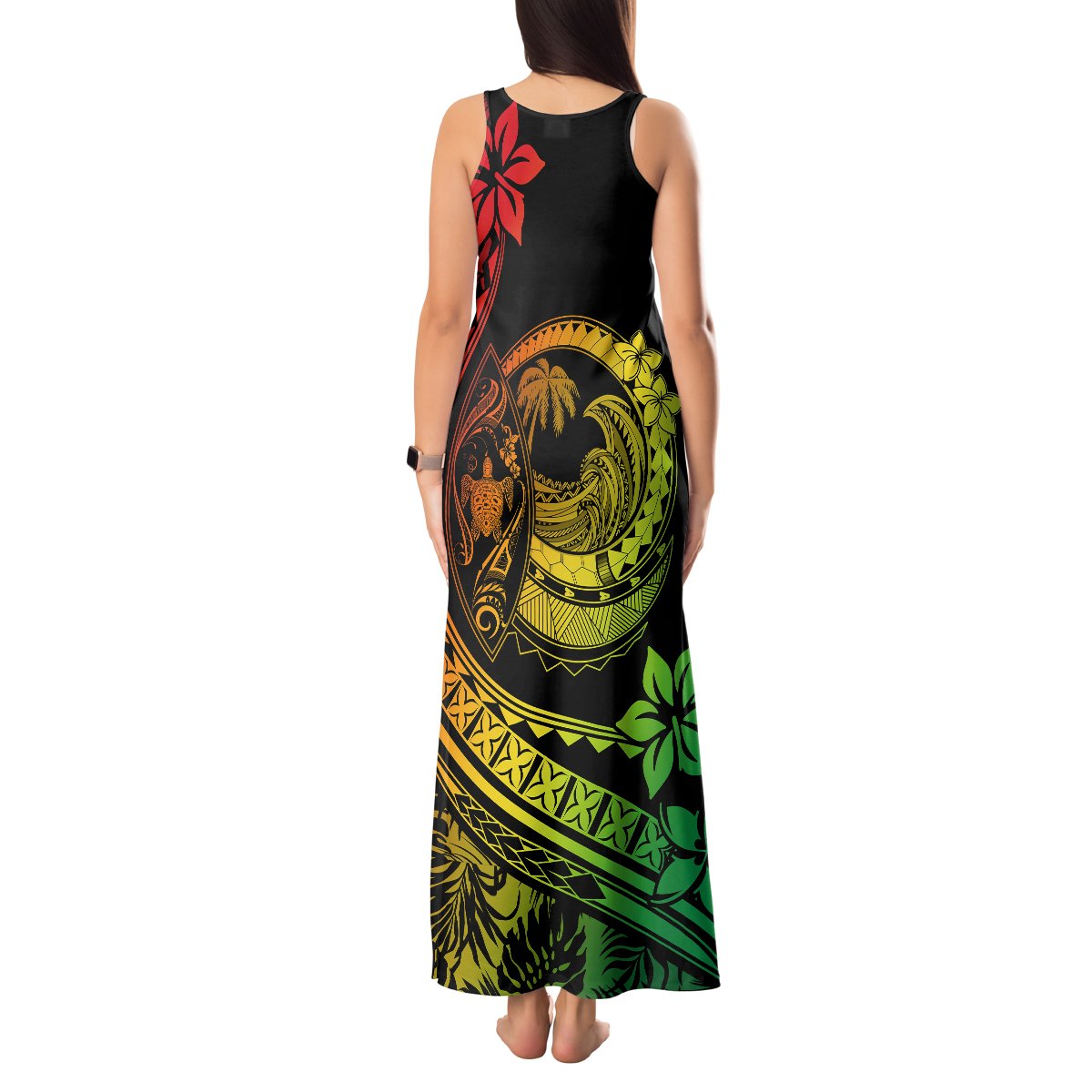 Polynesian Plumeria Tank Maxi Dress Ride The Waves - Reggae LT7 - Polynesian Pride