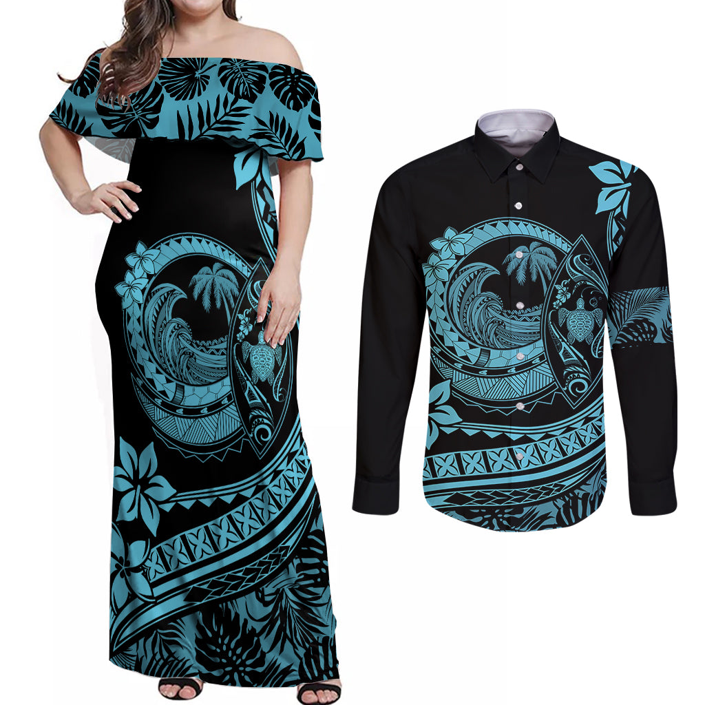 Polynesian Plumeria Couples Matching Off Shoulder Maxi Dress and Long Sleeve Button Shirts Ride The Waves - Turquoise LT7 Turquoise - Polynesian Pride