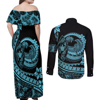 Polynesian Plumeria Couples Matching Off Shoulder Maxi Dress and Long Sleeve Button Shirts Ride The Waves - Turquoise LT7 - Polynesian Pride