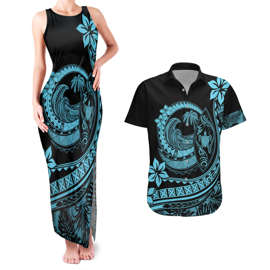 Polynesian Plumeria Couples Matching Tank Maxi Dress And Hawaiian Shirt Ride The Waves - Turquoise LT7 Turquoise - Polynesian Pride