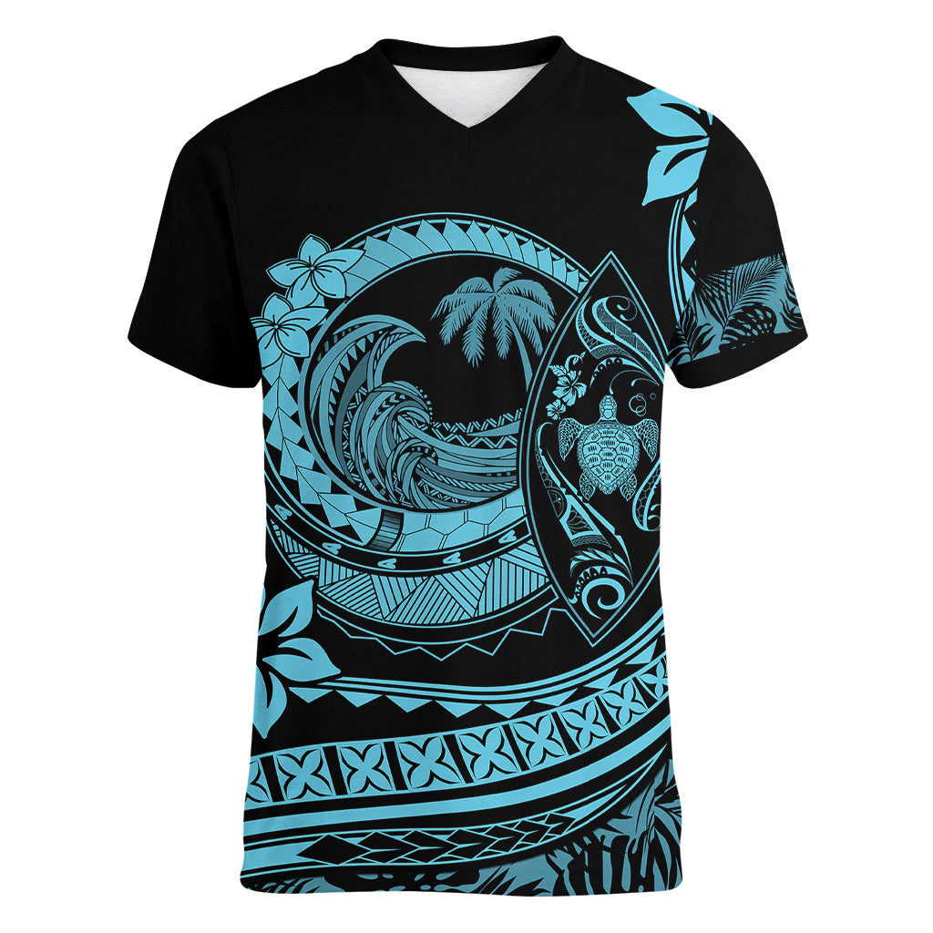 Polynesian Plumeria Women V Neck T Shirt Ride The Waves - Turquoise LT7 Female Turquoise - Polynesian Pride