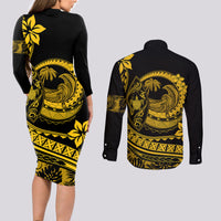 Polynesian Plumeria Couples Matching Long Sleeve Bodycon Dress and Long Sleeve Button Shirts Ride The Waves - Yellow LT7 - Polynesian Pride