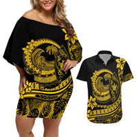 Polynesian Plumeria Couples Matching Off Shoulder Short Dress and Hawaiian Shirt Ride The Waves - Yellow LT7 Yellow - Polynesian Pride