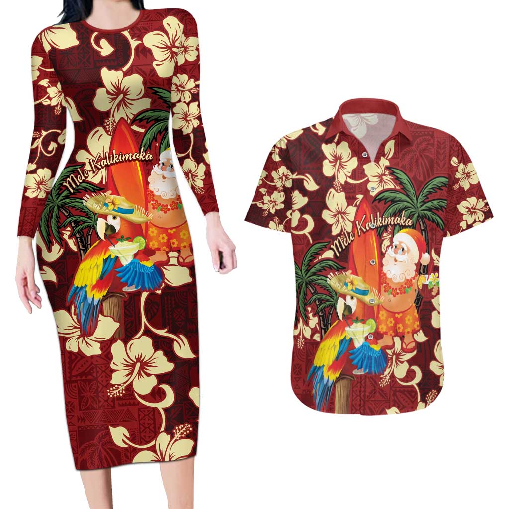 Crimson Red Tropical Christmas Hawaii Tapa Couples Matching Long Sleeve Bodycon Dress and Hawaiian Shirt Aloha Santa Drink Party LT7 Red - Polynesian Pride