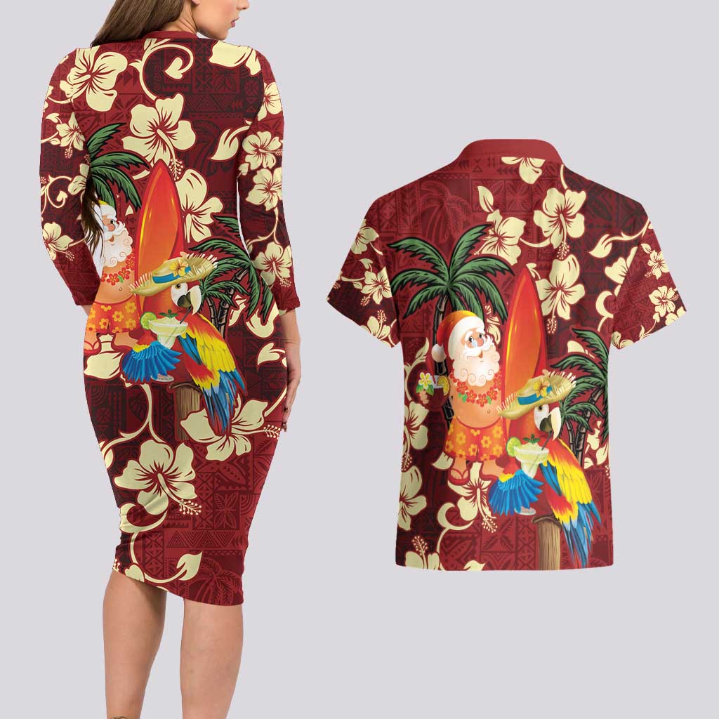 Crimson Red Tropical Christmas Hawaii Tapa Couples Matching Long Sleeve Bodycon Dress and Hawaiian Shirt Aloha Santa Drink Party LT7 - Polynesian Pride