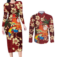 Crimson Red Tropical Christmas Hawaii Tapa Couples Matching Long Sleeve Bodycon Dress and Long Sleeve Button Shirt Aloha Santa Drink Party LT7 Red - Polynesian Pride